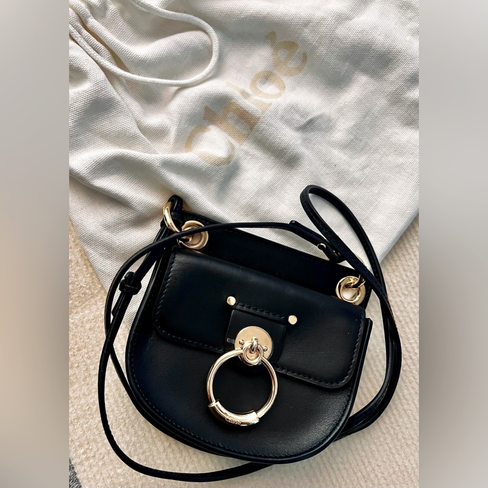 Chloé Black Leather Mini Crossbody with Gold Ring Hardware